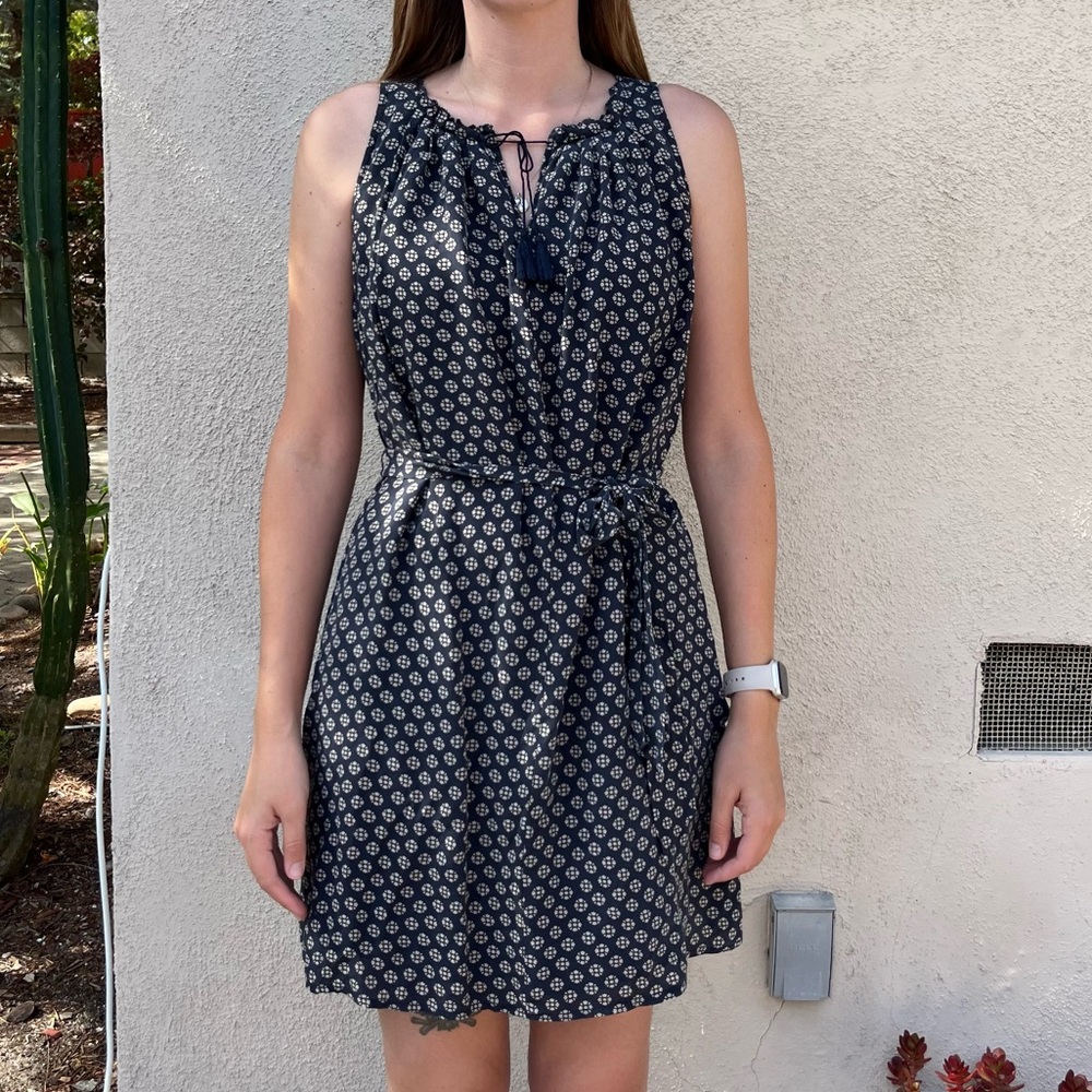 Madewell Navy Printed Tie-Neck Mini Dress - Picture 1 of 5